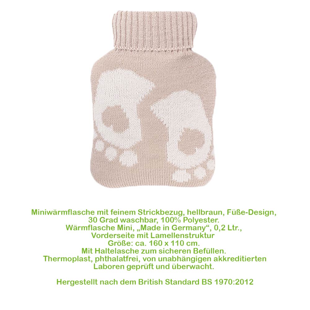 Hugo Frosch Mini Wärmflasche 0,2 L, Strickbezug, Füße, hellbraun