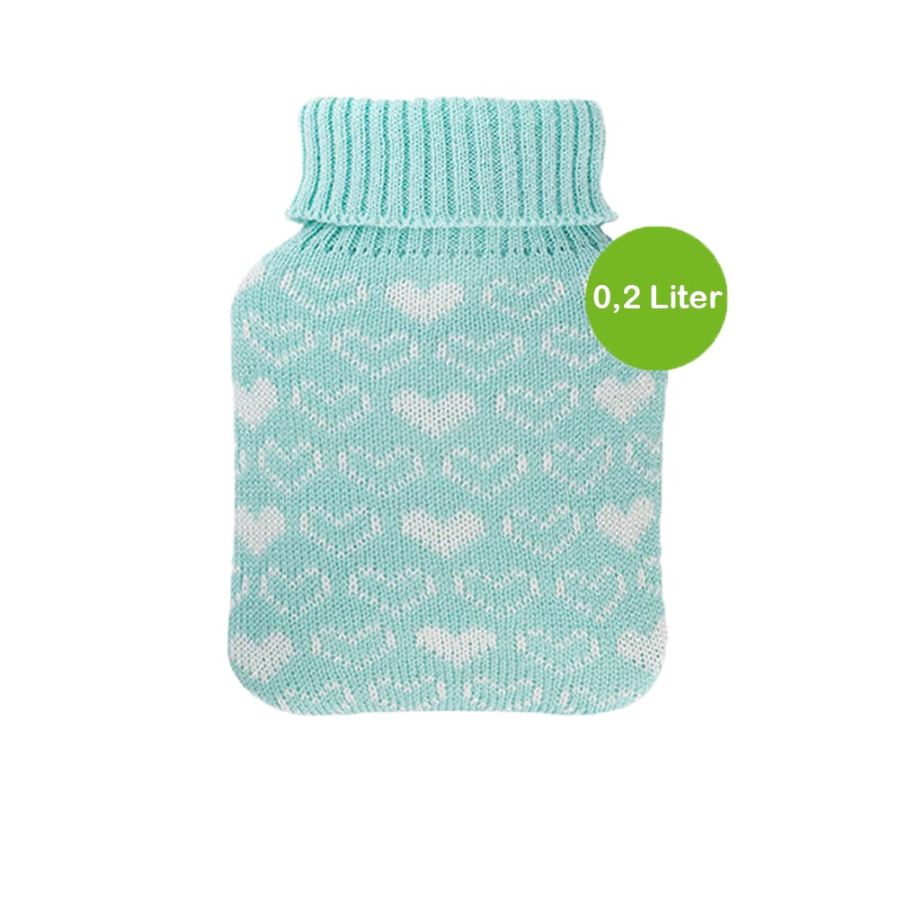 Hugo Frosch Mini Wärmflasche 0,2 L, Strickbezug, Herzen, mint