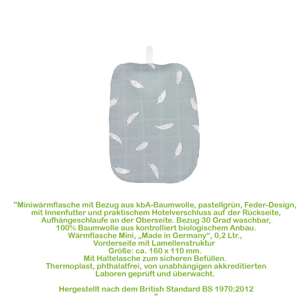 Hugo Frosch Mini Wärmflasche 0,2 L, kbA-Baumwollbezug, Feder, pastell-grün
