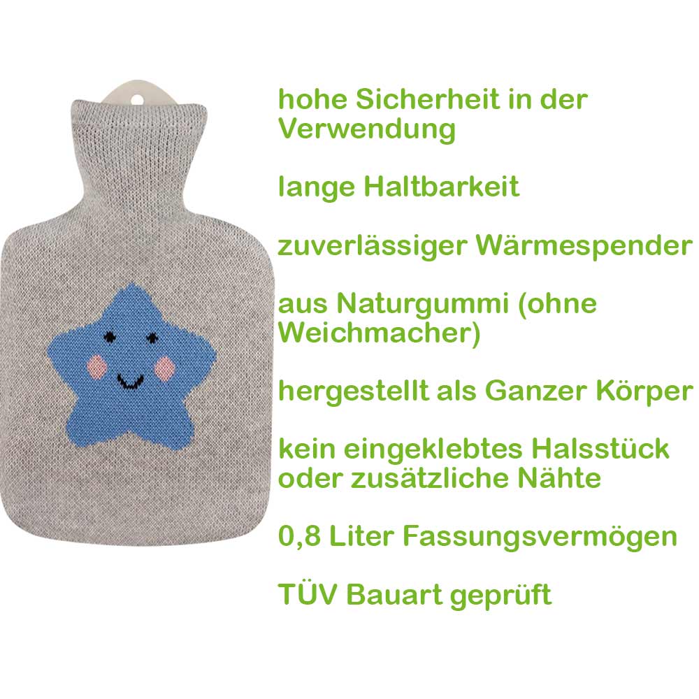 Sänger 0,8 Liter Wärmflasche "Guter Stern", mit Strickbezug aus Baumwolle
