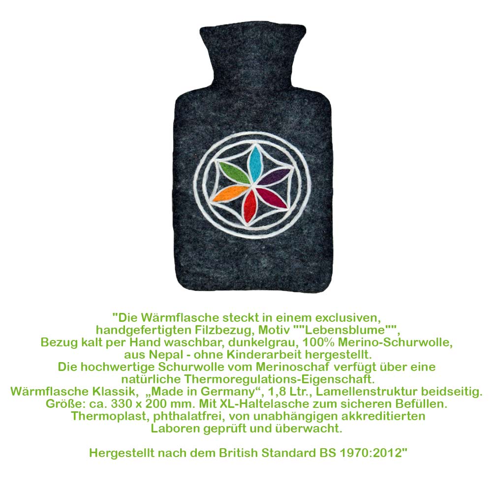 Hugo Frosch Klassik Wärmflasche 1,8 L, Filzbezug, Lebensblume