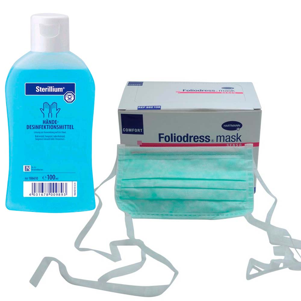 Pandemieschutz Set mit Masken zum Binden, Händedesinfektionsmittel