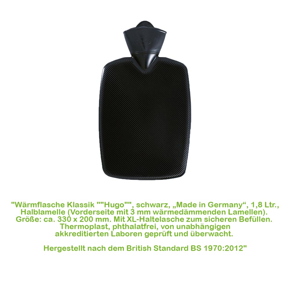 Hugo Frosch Klassik Wärmflasche 1,8 L, Halblamelle, schwarz