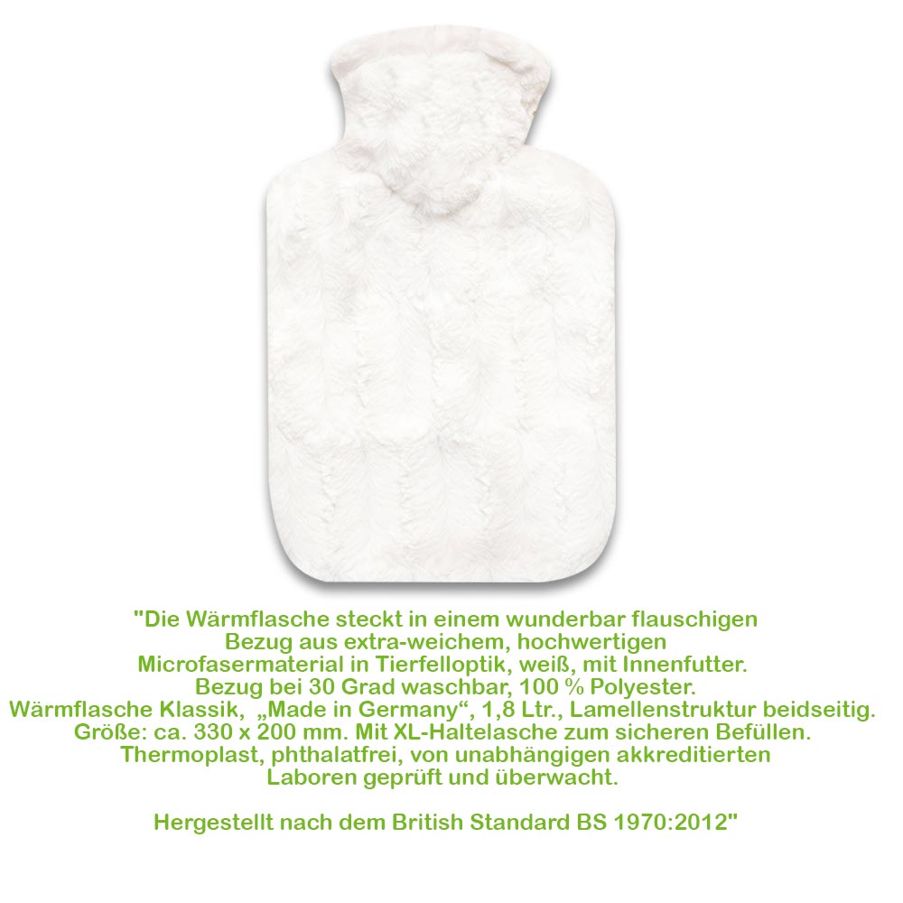 Hugo Frosch Klassik Wärmflasche 1,8 L, Flauschbezug, Tierfelloptik, weiß