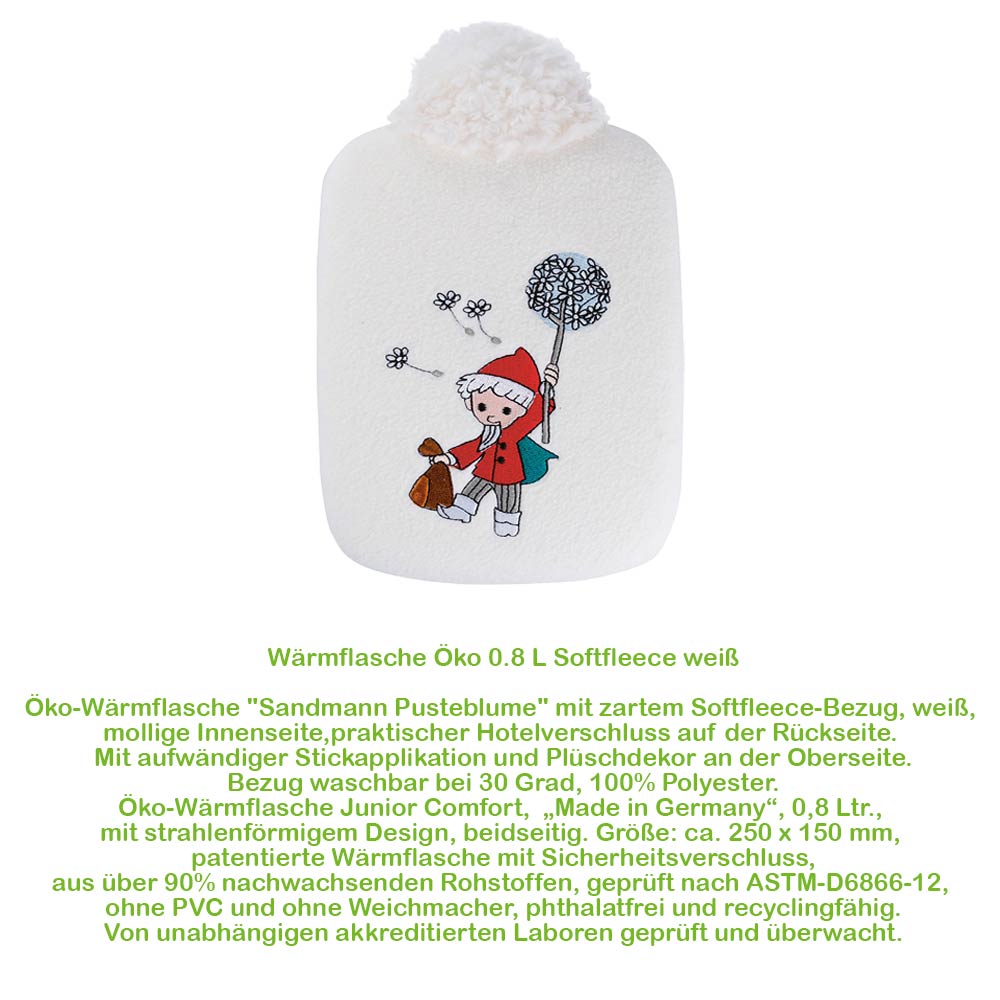 Hugo Frosch Öko Wärmflasche 0,8 L, Softfleece, Sandmann, weiß