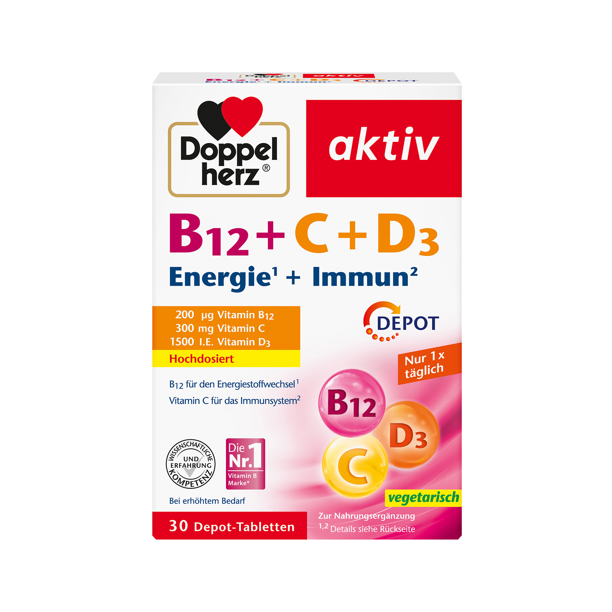 Doppelherz aktiv Vitamin B12 + C + D3, Depot, 30 Tabletten
