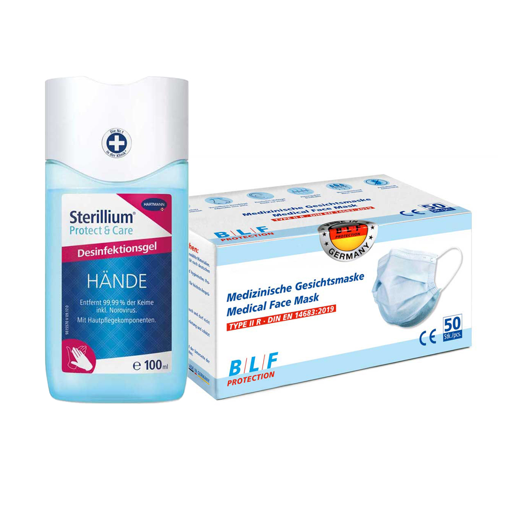 Pandemieschutz Set mit medizinischen Masken, Händedesinfektionsgel