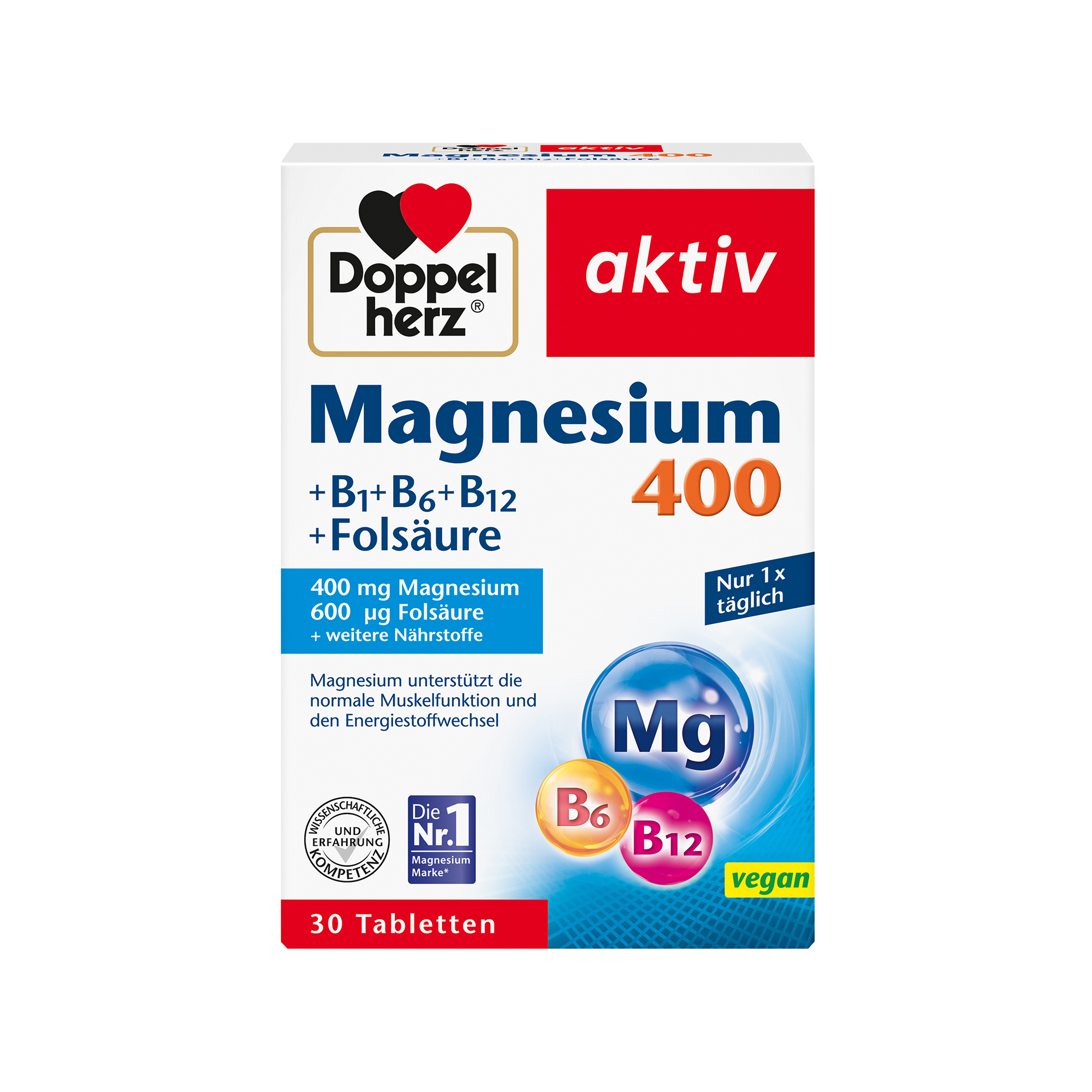 Doppelherz aktiv Magnesium 400, B1+B6+B12+Folsäure, 30 Tabletten