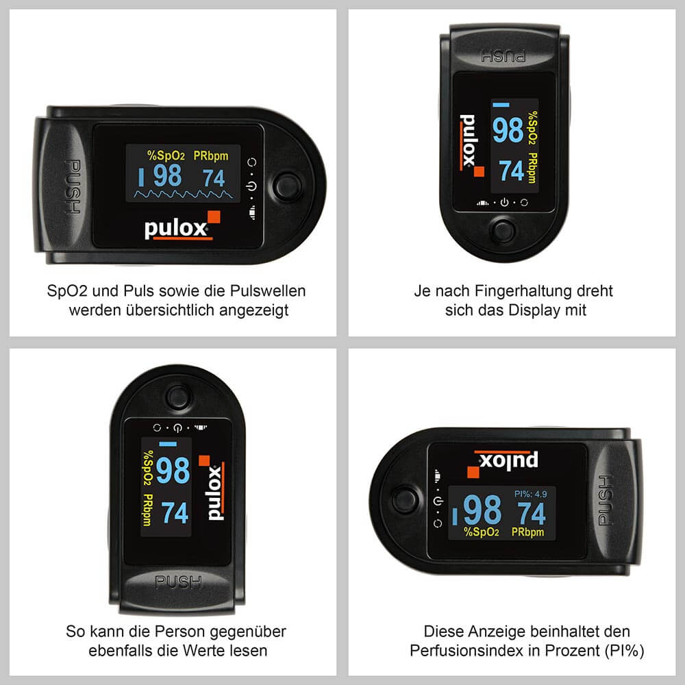 Pulox Finger-Pulsoximeter PO-200 Solo, drehbare OLED-Anzeige, Schwarz