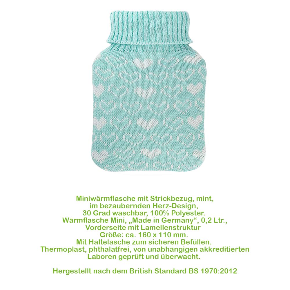 Hugo Frosch Mini Wärmflasche 0,2 L, Strickbezug, Herzen, mint